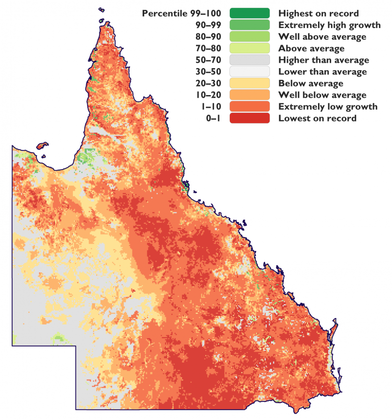 Percentile of Pasture Growth in Queensland between 2012 and 2020. 
