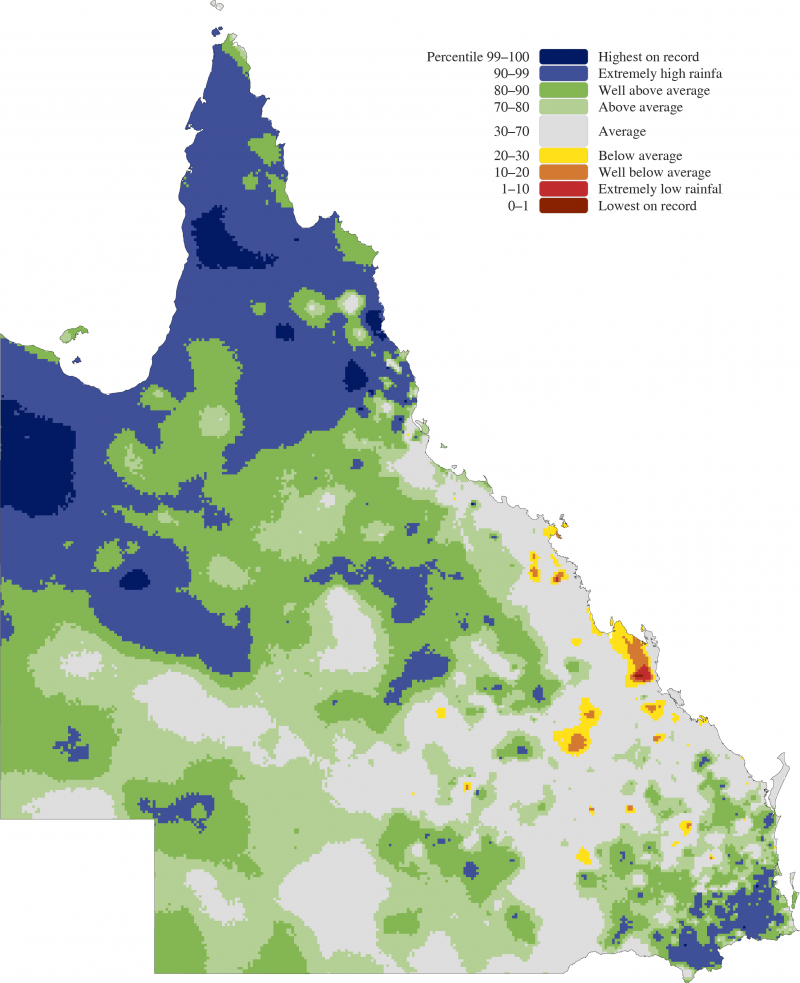 Three-year Queensland rainfall percentiles from April 2021 to March 2024 (relative to three-year period historical records)