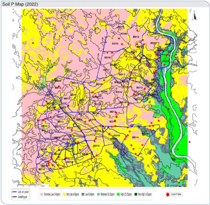 Map of the  Indicative Soil Phosphorus for the Spyglass Beef Research Facility.