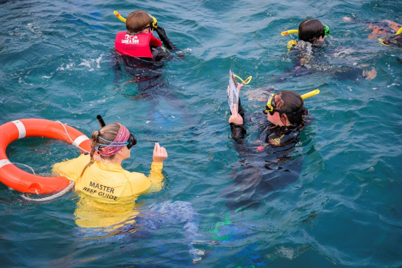 A Master Reef Guide and three school students float in the waters of the Great Barrier Reef. One student with a clipboard takes notes as the guide, holding an orange flotation device, provides instructions. 