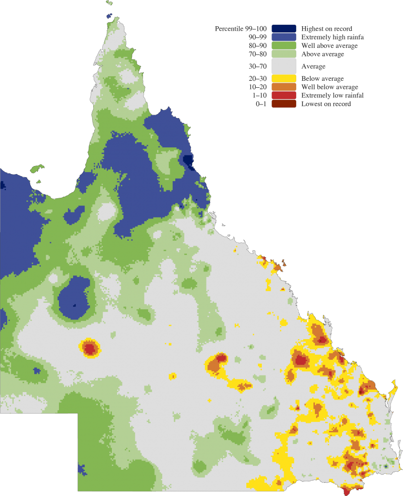 One-year Queensland rainfall percentiles from April 2023 to March 2024 (relative to the annual period rainfall historical records)