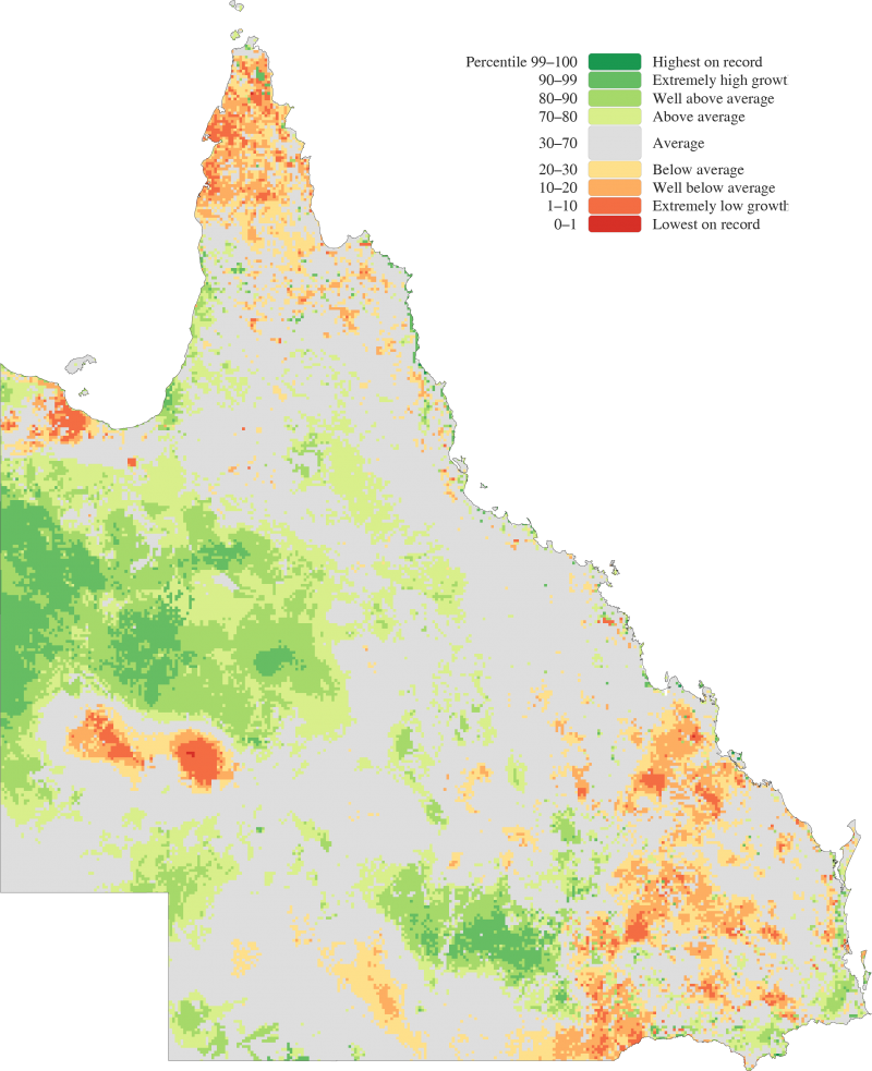 One-year Queensland pasture growth percentiles from April 2023 to March 2024 (relative to the annual period rainfall historical records)