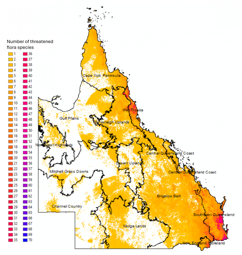 Map of the Density of Threatened Flora habitat for the Pre-cleared extent