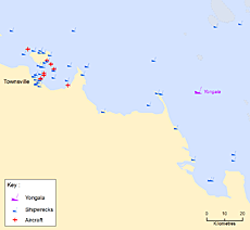 Underwater cultural heritage off the coast of Townsville showing the location of the wreck of Yongala, a single screw steamer wrecked in 1911