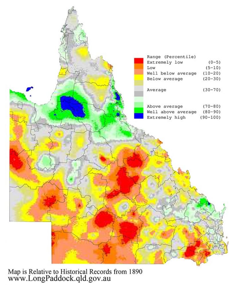 Maps show the last three 12-month periods (April-March) of rainfall and pasture growth for Queensland as percentiles (i.e. relative to history).