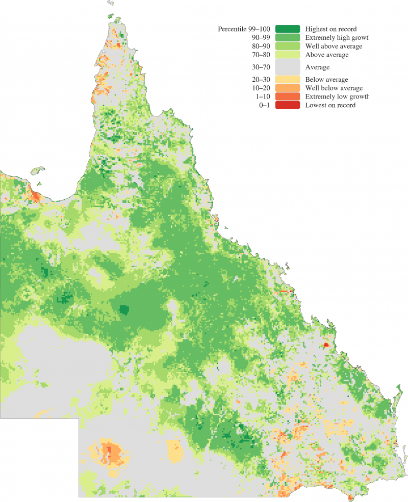 Three-year Queensland modelled pasture growth percentiles from April 2021 to March 2024 (relative to three-year period historical records).