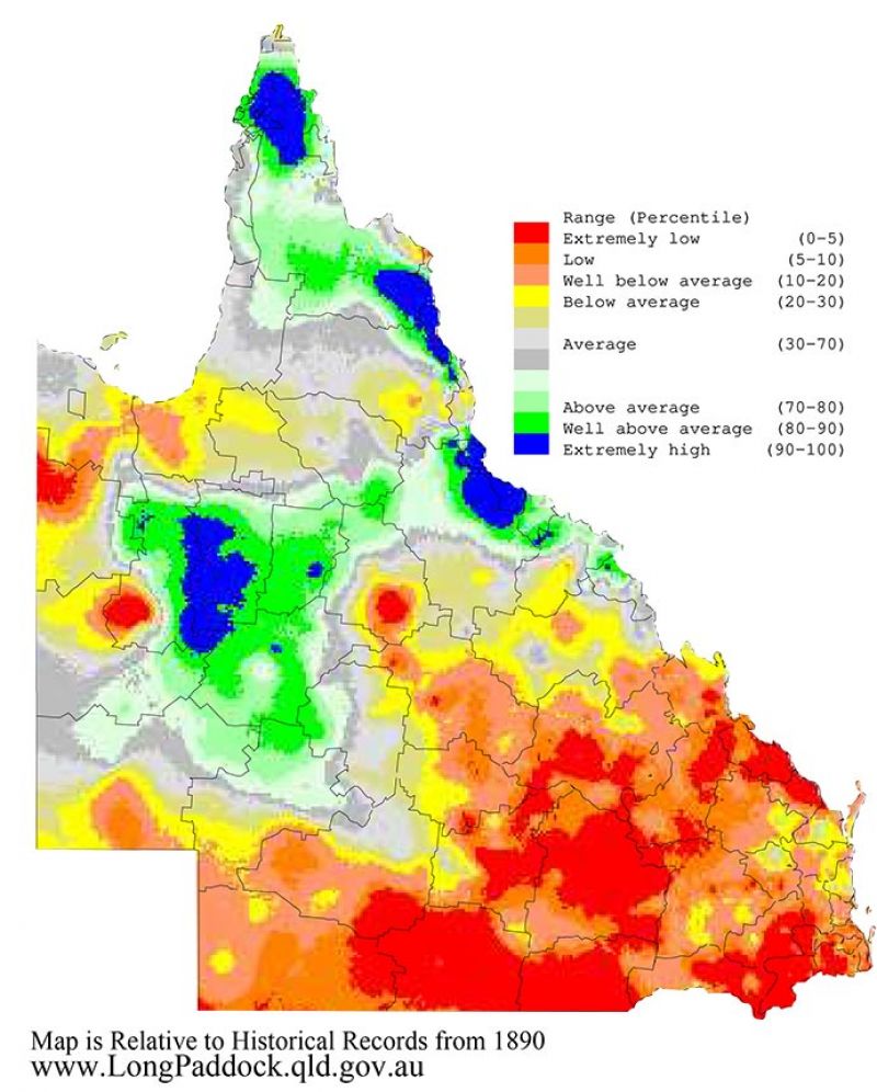 Maps show the last three 12-month periods (April-March) of rainfall and pasture growth for Queensland as percentiles (i.e. relative to history).