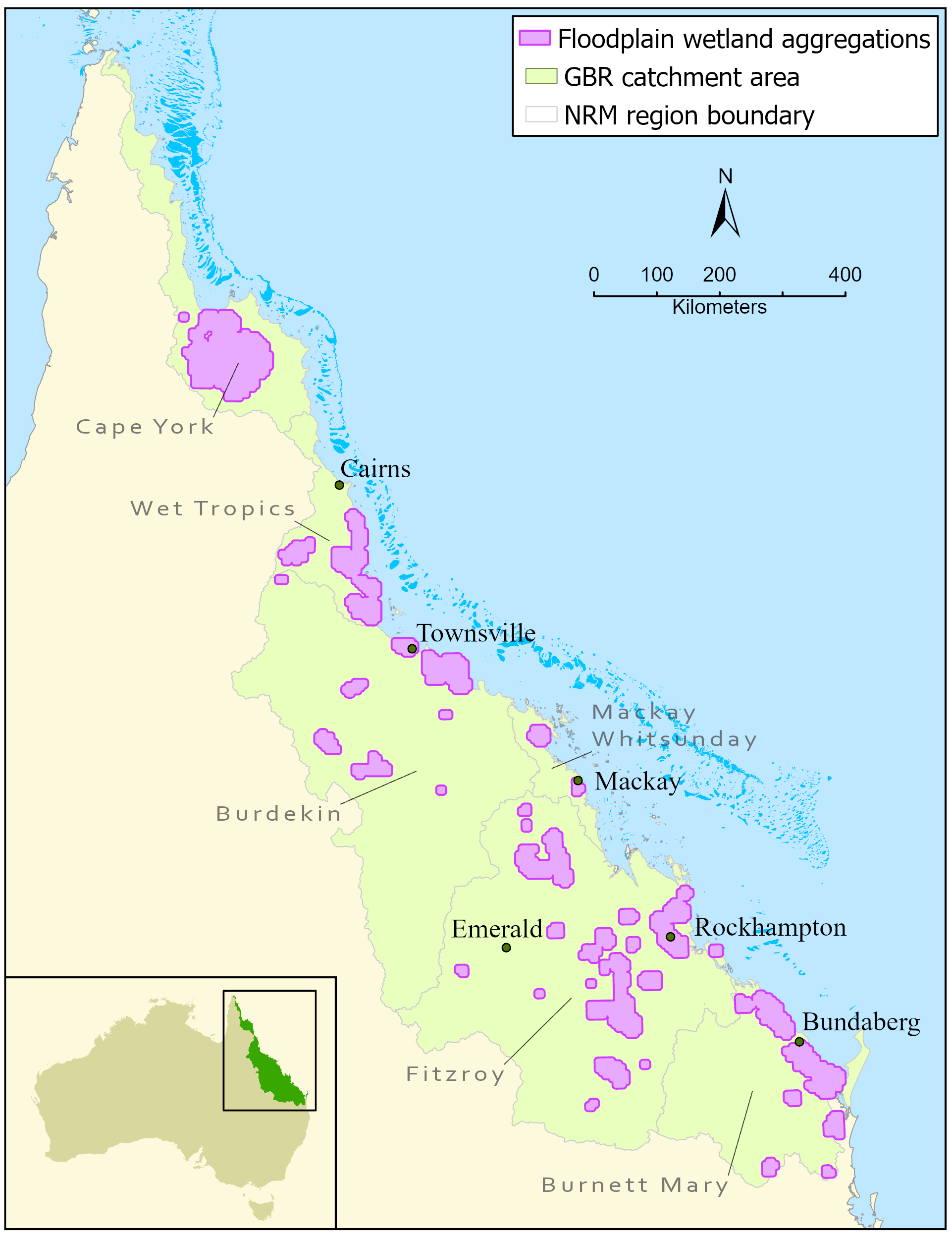                         Queensland Map showing floodplain wetland aggregations in Great Barrier Reef catchment areas within Natural Resource Management Regions
                     