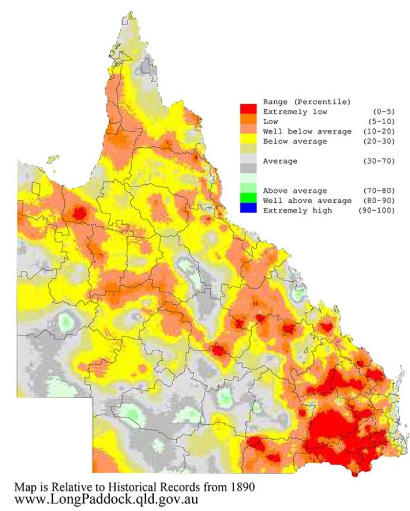 Maps show the last three 12-month periods (April-March) of rainfall and pasture growth for Queensland as percentiles (i.e. relative to history).