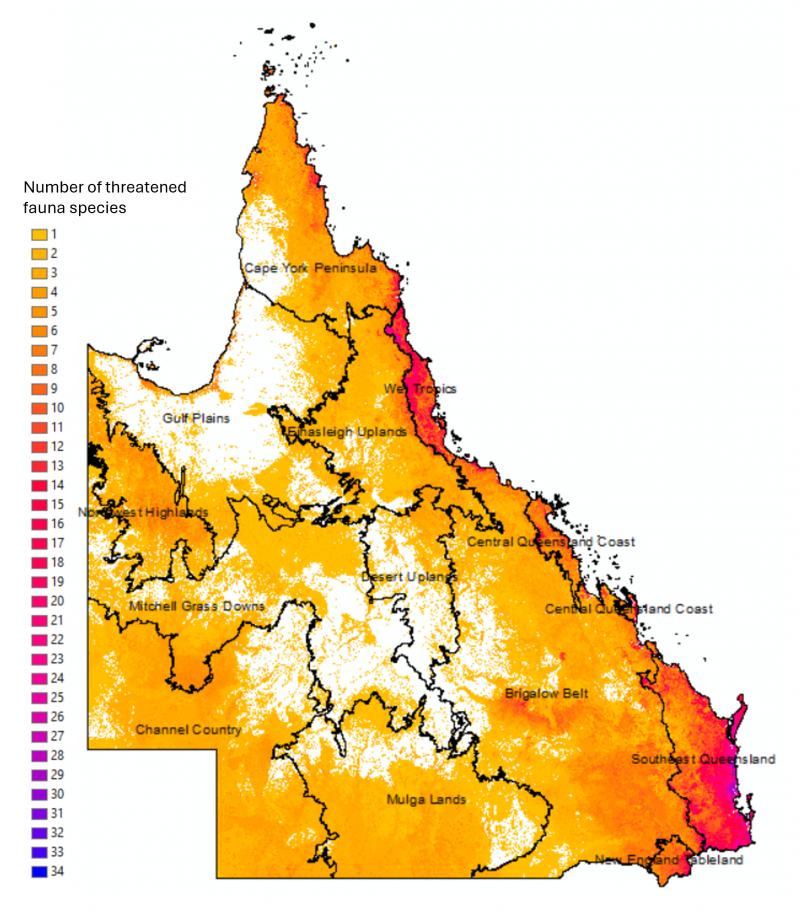 Map of the Density of Threatened Fauna habitat for the Pre-cleared extent