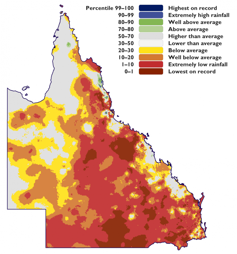 Percentile of rainfall in Queensland between 2012 and 2020. 