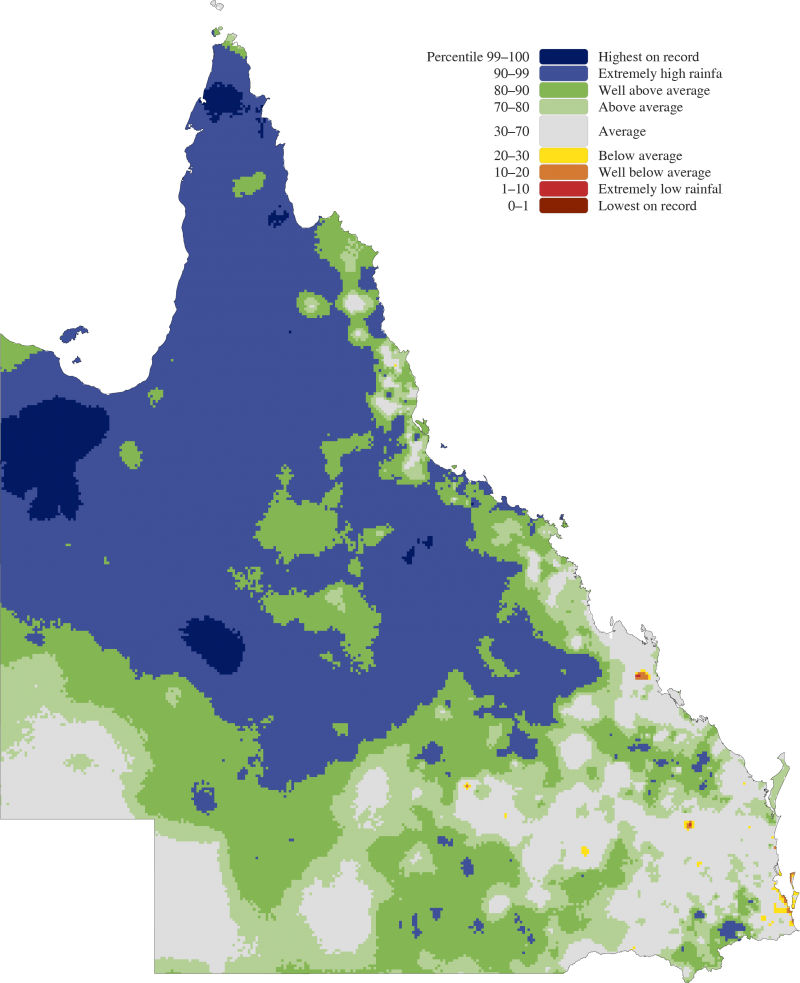 One-year Queensland rainfall percentiles from April 2022 to March 2023 (relative to the annual period rainfall historical records)