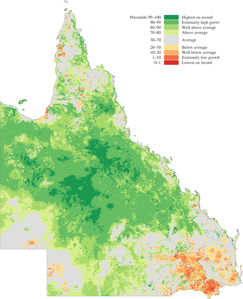 One-year Queensland modelled pasture growth percentiles from April 2022 to March 2023 (relative to the annual period rainfall historical records)