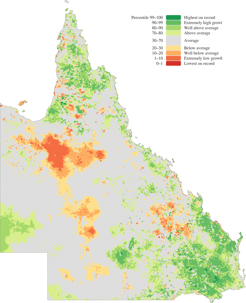 One-year Queensland modelled pasture growth percentiles from April 2021 to March 2022 (relative to the annual period of historical records)